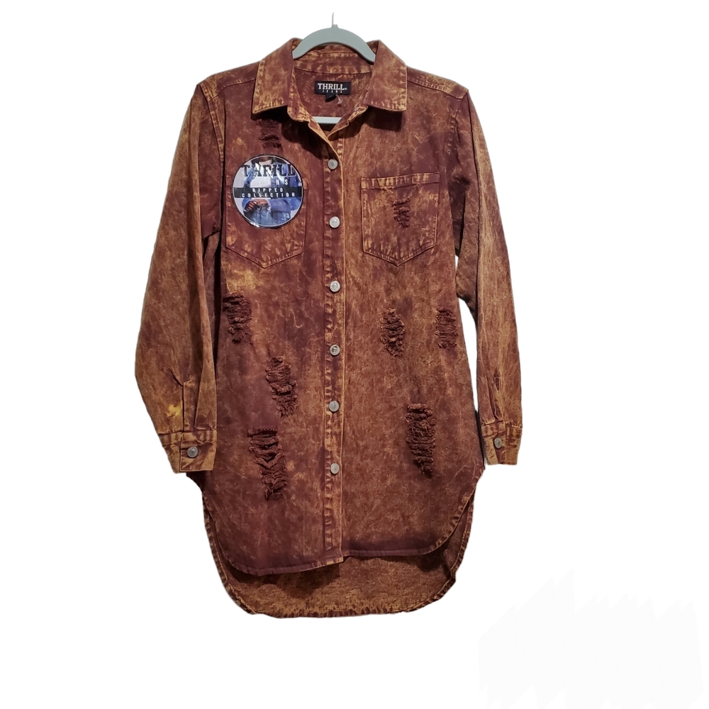 New Thrill Novelty Wash Distressed Long Shirt Jacket Shacket Size M Copper